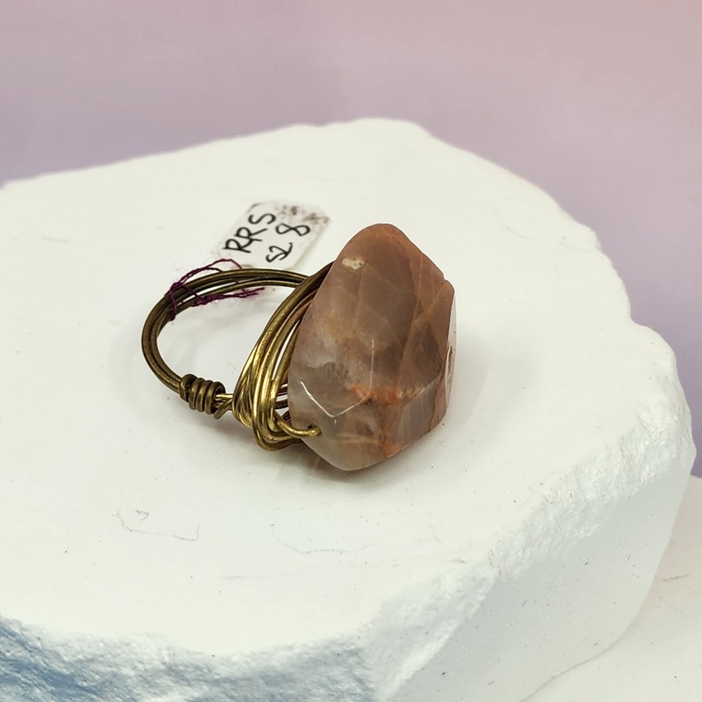 RPS Faceted Peach Stone Ring Gold Tone Wire Wrapped Statement Artisan Cocktail